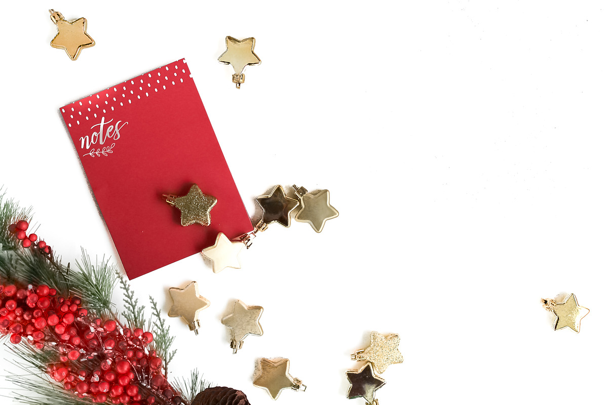 Festive Ornaments + Notepad Flatlay, a Holiday Photo by blackdahliapress (Photo 1 of 2)
