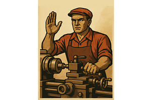 Worker Operating Machine in, an Illustration by AlexArt