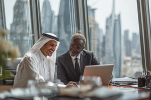 Businessmen collaborating on laptop, a Photo by Pixeness Studio