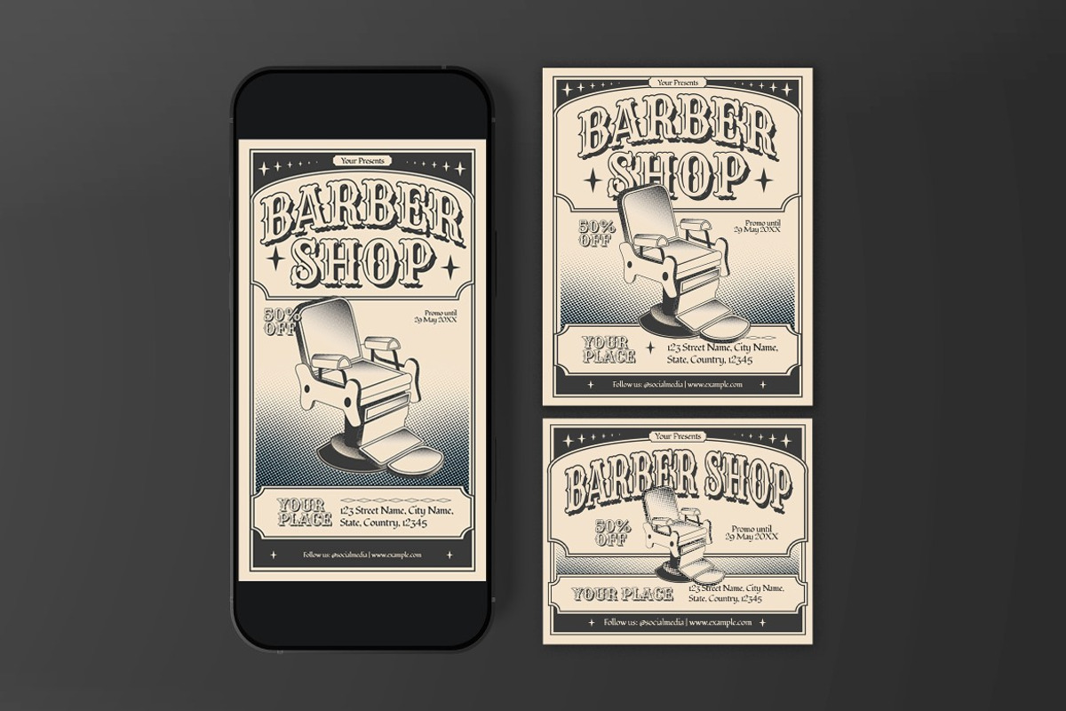 Cream Black Barbershop Flyer Set preview 3