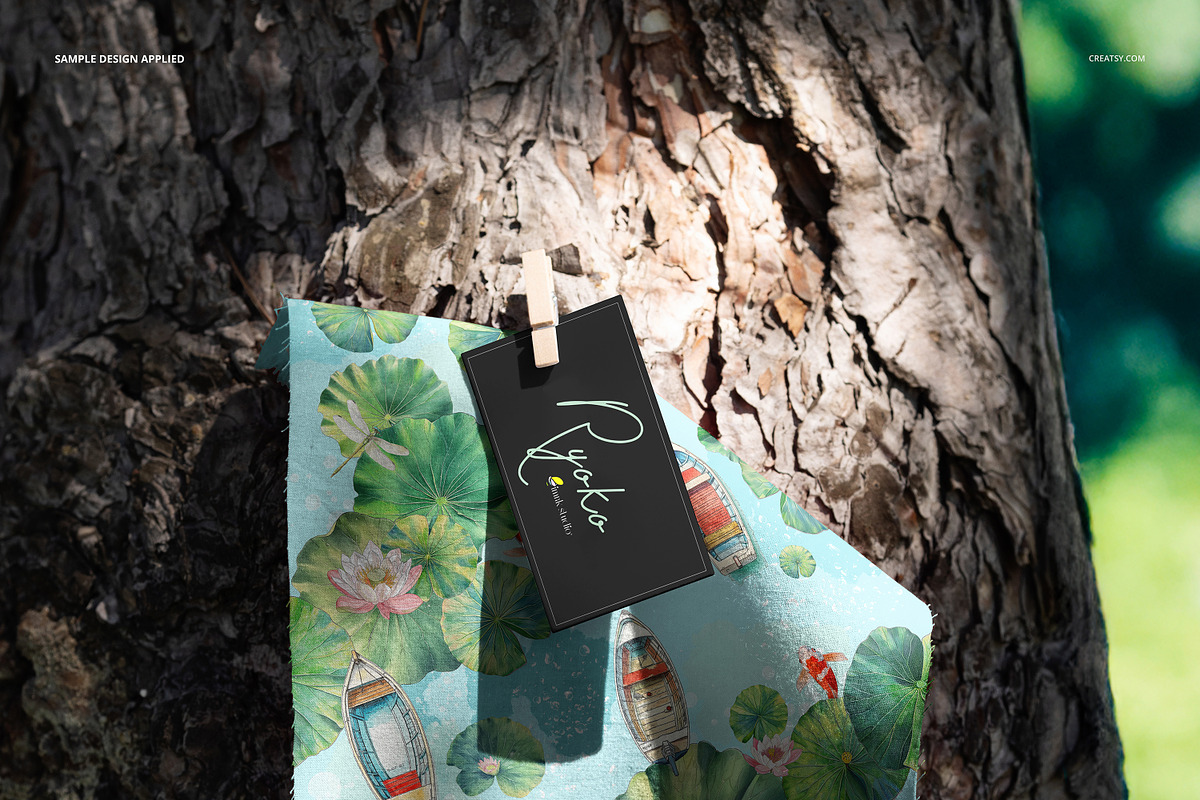 Fabric Swatch Pinned to Tree Mockup, a Household Mockup by creatsy5