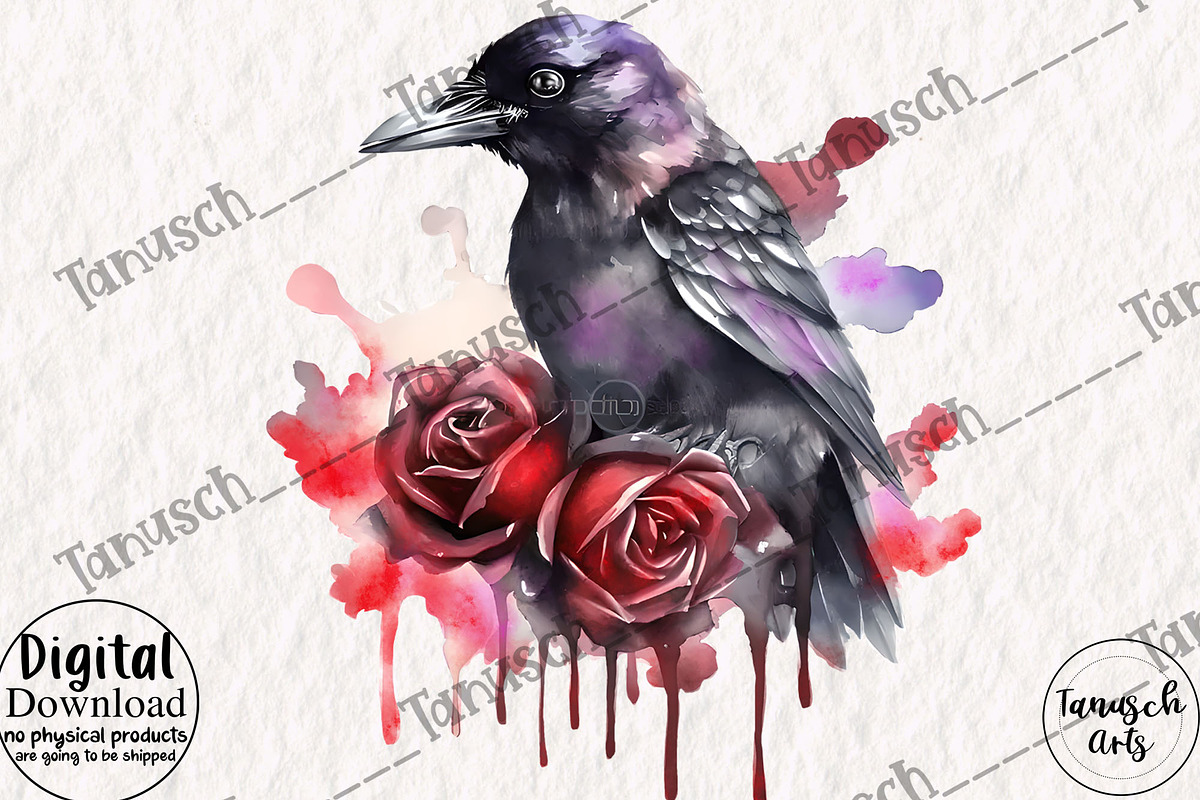 Watercolor Gothic Raven Clipart, an Animal Illustration by TanuschArts (Photo 3 of 5)