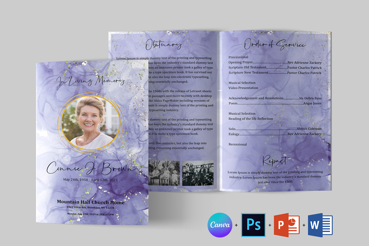 Purple Funeral Program Template, a Brochure Template by Designscozy (Photo 4 of 8)