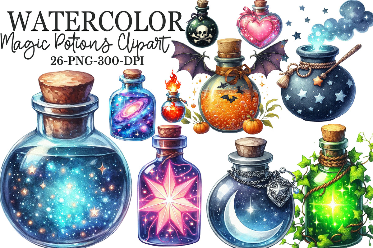 Watercolor Magic Potions Clipart, an Illustration by Rose Art (Photo 1 of 7)