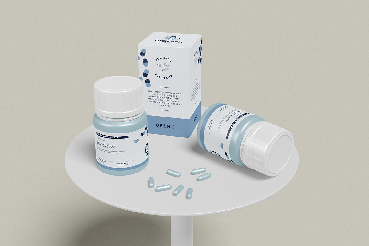Supplement Pills Bottle Packaging Mo, a Cups & Container Mockup by Pexelcorner (Photo 2 of 9)