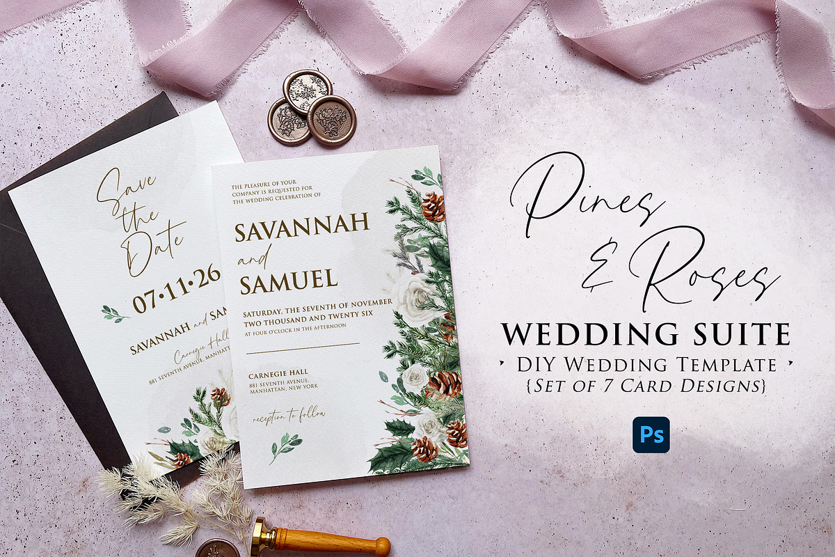 Pines and Roses Wedding Suite, an Invitation Template by BlueRobinDesignShop (Photo 1 of 5)