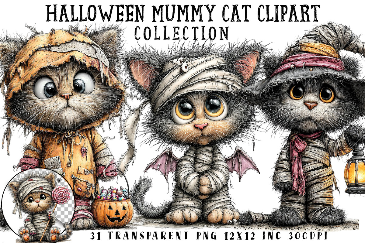Halloween Mummy Cat Clipart, a Seasonal Illustration by OK Design (Photo 1 of 6)