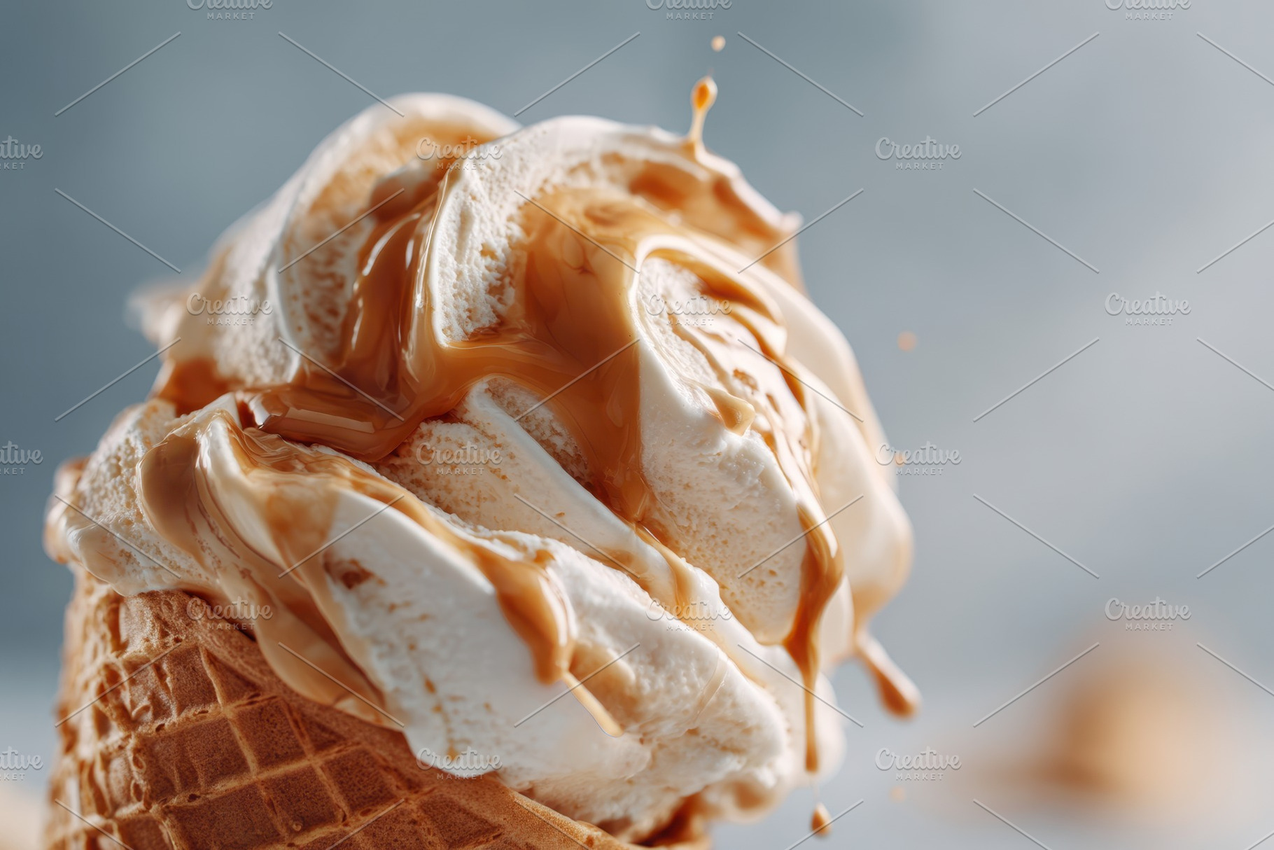 Vanilla ice cream with caramel drizzle, a Food & Drink Photo by AlyaAnd