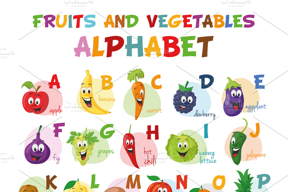 English Fruits & Vegetables Alphabet, an Education Illustration by asantosg