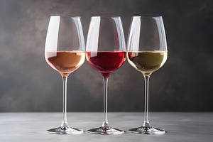 Different wine in glasses on grey background, a Food & Drink Photo by AlyaAnd