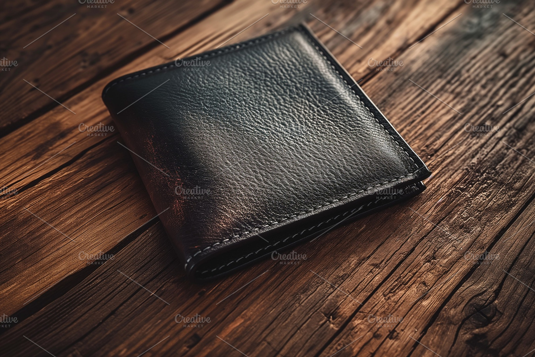 A stylish black leather wallet resting on a rustic wooden surface, showcasing i, a Business Photo by ImageMir