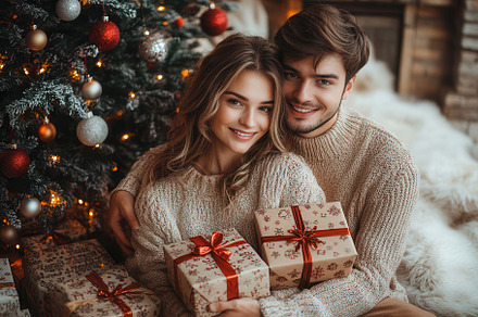 Young couple embracing by a Christma, a Photo by Tanuart