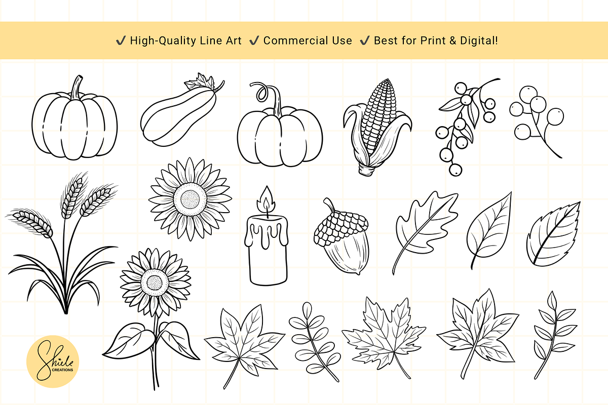 Thanksgiving Line Art Clipart Set, a Seasonal Illustration by shielscreations (Photo 3 of 4)