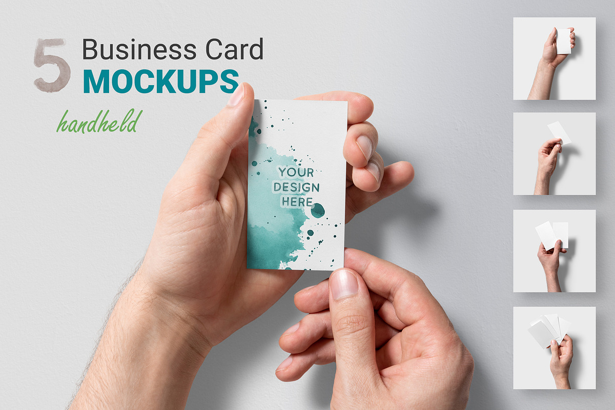 5 Handheld Business Card Mockups, a Print Template by h3design (Photo 1 of 7)