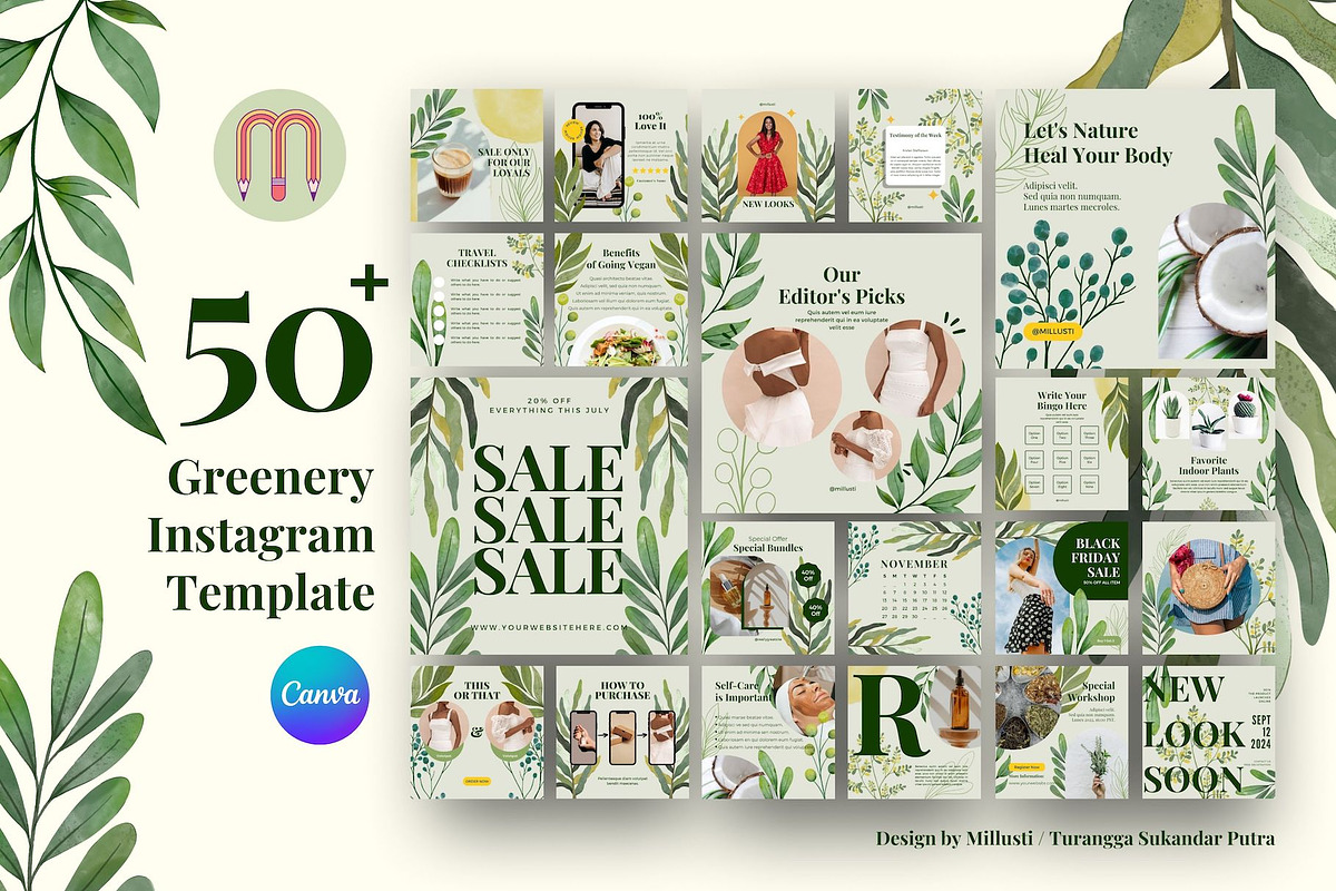 50 Greenery Instagram Canva Template, a Social Media Template by Millusti (Photo 1 of 10)