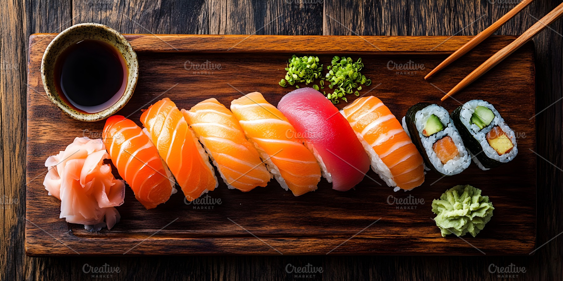 Sushi nigiri and rolls with soy sauce and wasabi, a Food & Drink Photo by Photostock