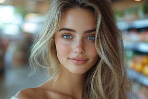 Portrait of young woman in supermarket, a Person Photo by AlyaAnd