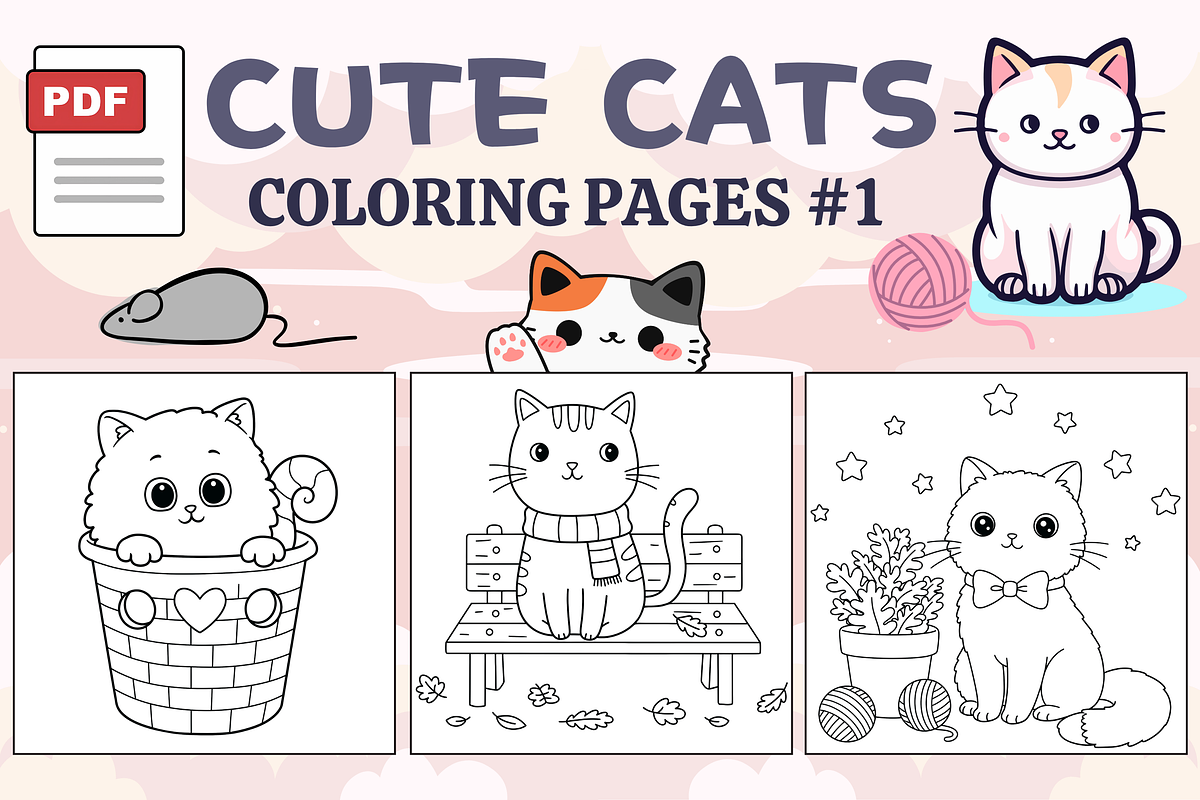 Cute Cats Coloring Pages #1, an Animal Illustration by Inkivelle Studio