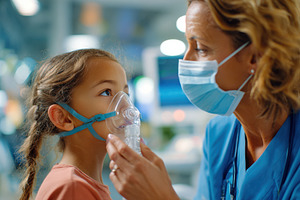 Healthcare professional assisting child with breathing mask, a Health & Medical Photo by AlyaAnd