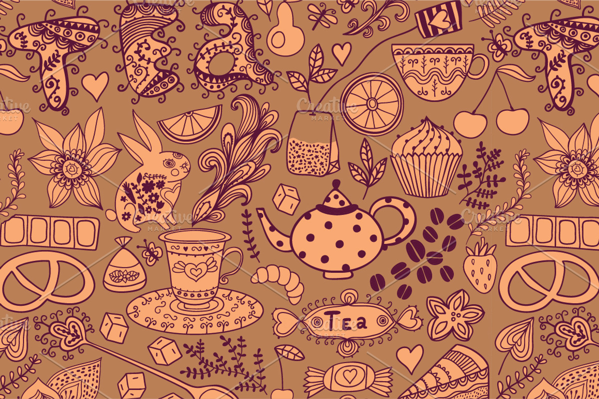 Tea, sweets seamless doodle pattern preview 4