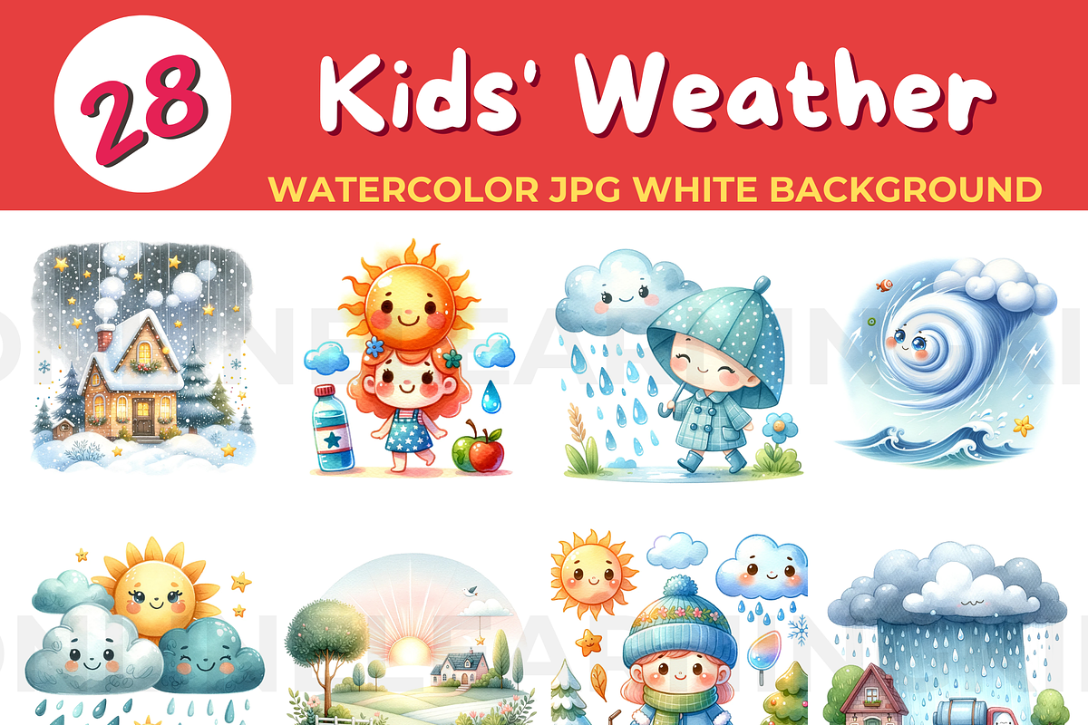 Kids' Weather watercolor JPG white b, a Seasonal Illustration by John_Walker (Photo 3 of 3)