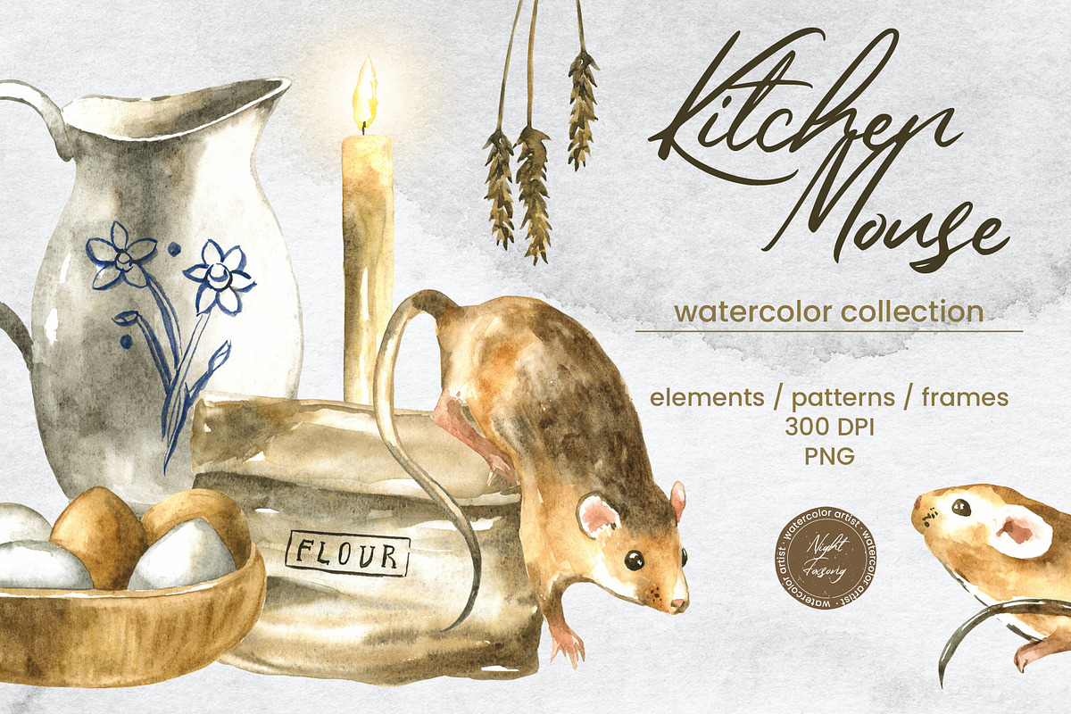 Kitchen Mouse Watercolor Clipart Set, an Animal Illustration by foxsong (Photo 1 of 13)