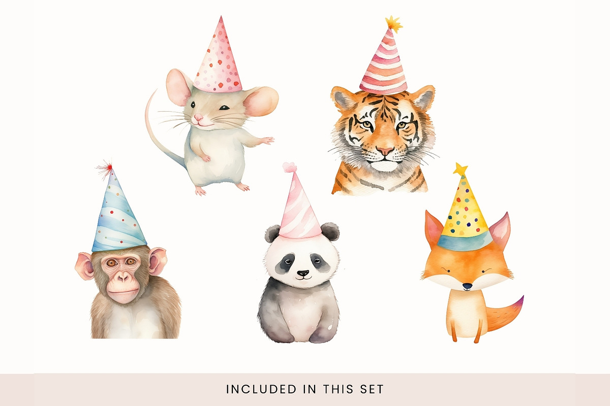 Animals in Party Hats Clipart, Cute, a Decorative Illustration by illuztrate (Photo 5 of 8)