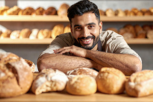 Smiling Baker Leaning Over Fresh Bread Display, a Food & Drink Photo by Davizro's Market