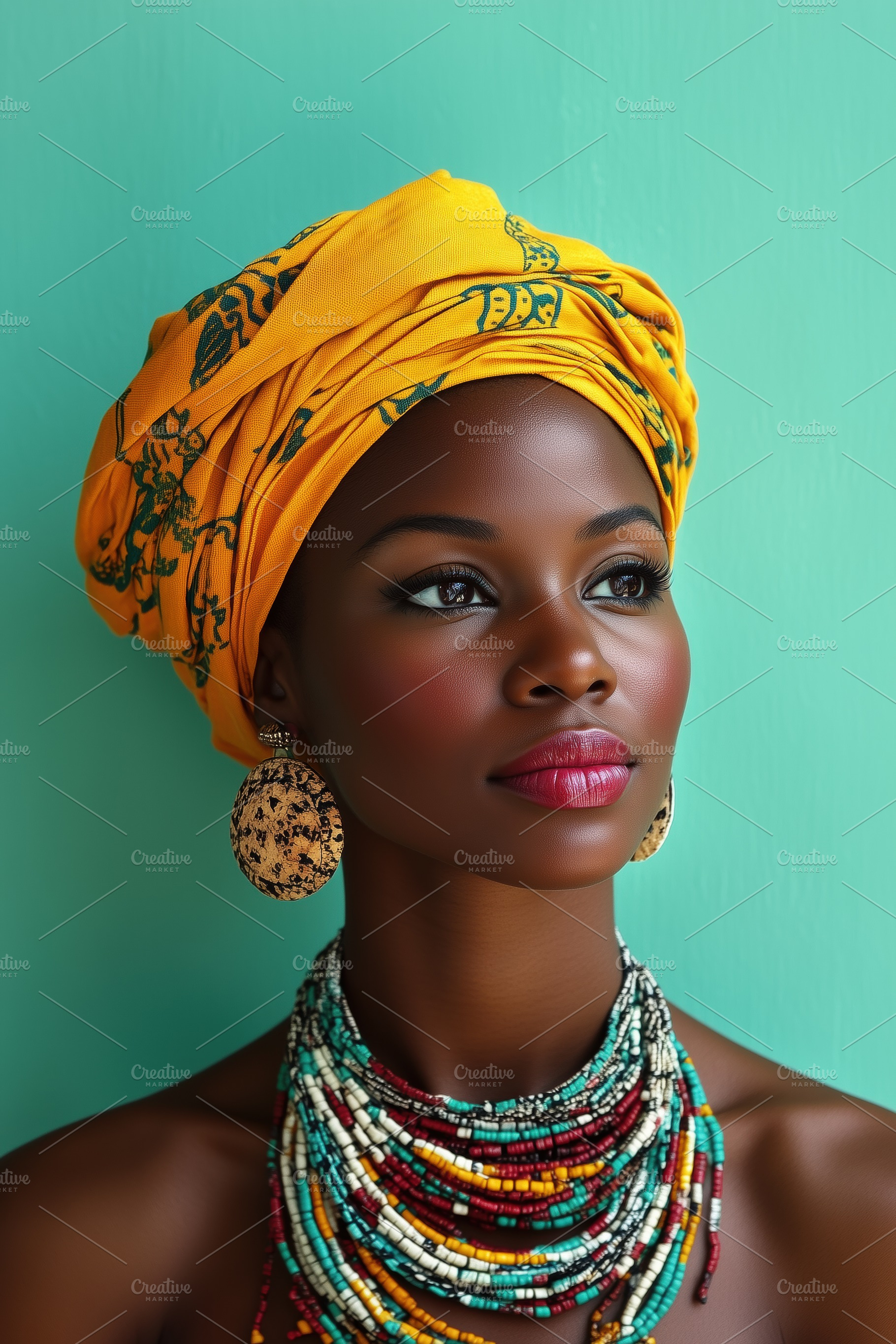 A portrait of a african woman with a vibrant yellow headwrap adorned with flora, a Person Photo by Textures & Backgrounds