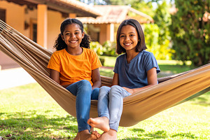 Two girls sitting together on a hammock in the backyard of a hou, a Person Photo by DanFLCreativo