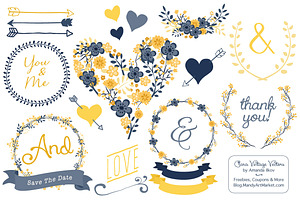 Navy & Yellow Floral Heart Clipart