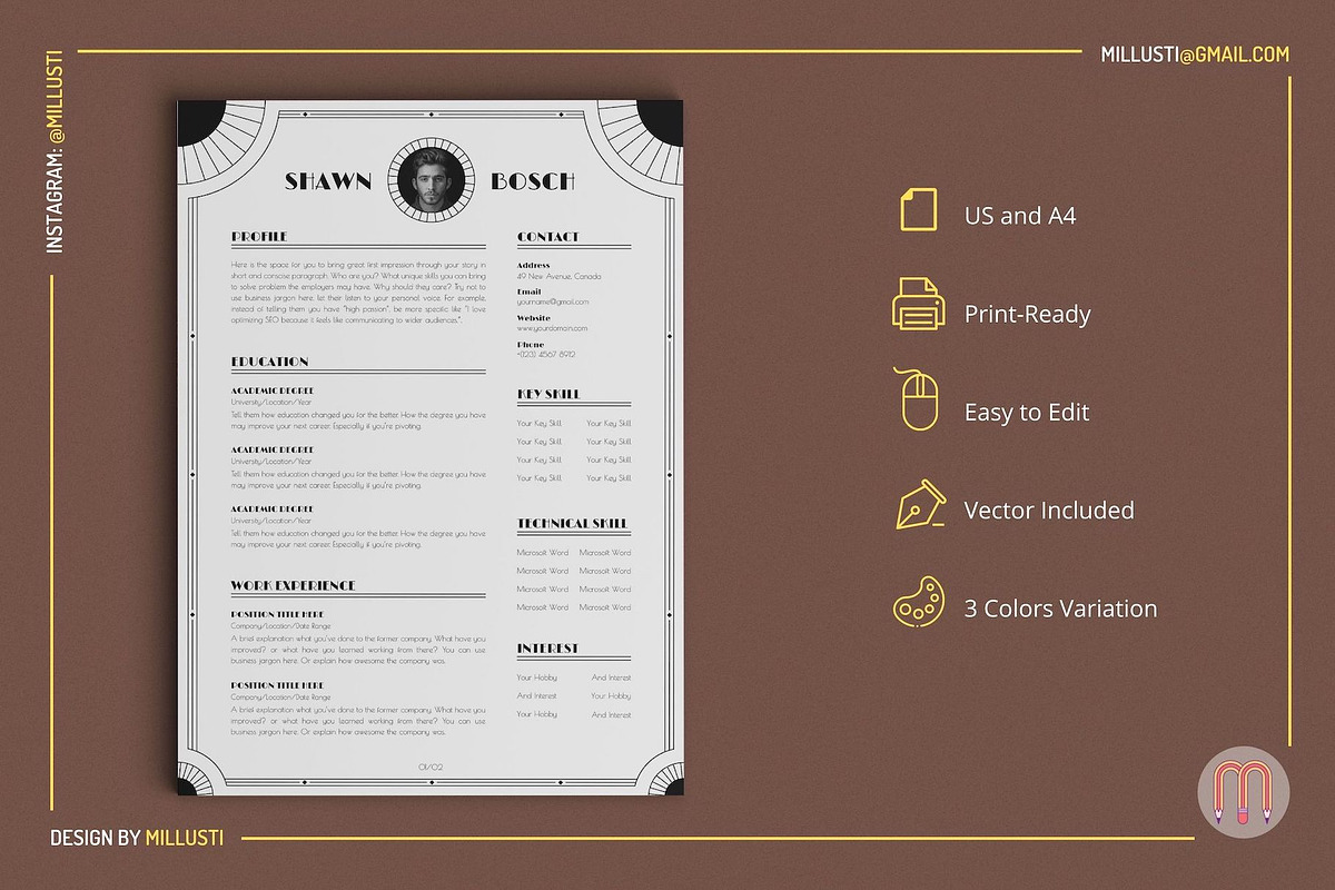 Art Deco Resume Template with Photo, a Resume Template by Millusti (Photo 4 of 7)