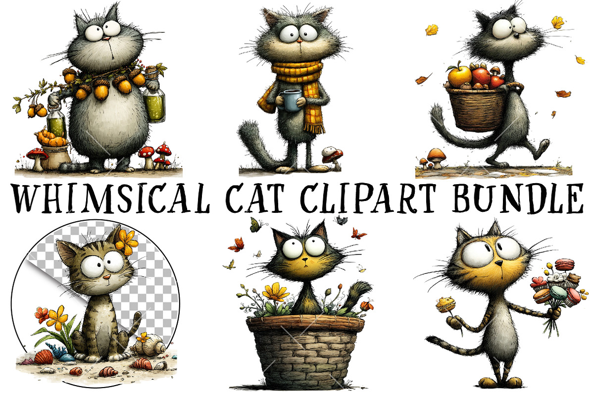 Whimsical Cat Clipart Bundle, a Seasonal Illustration by OK Design (Photo 2 of 6)