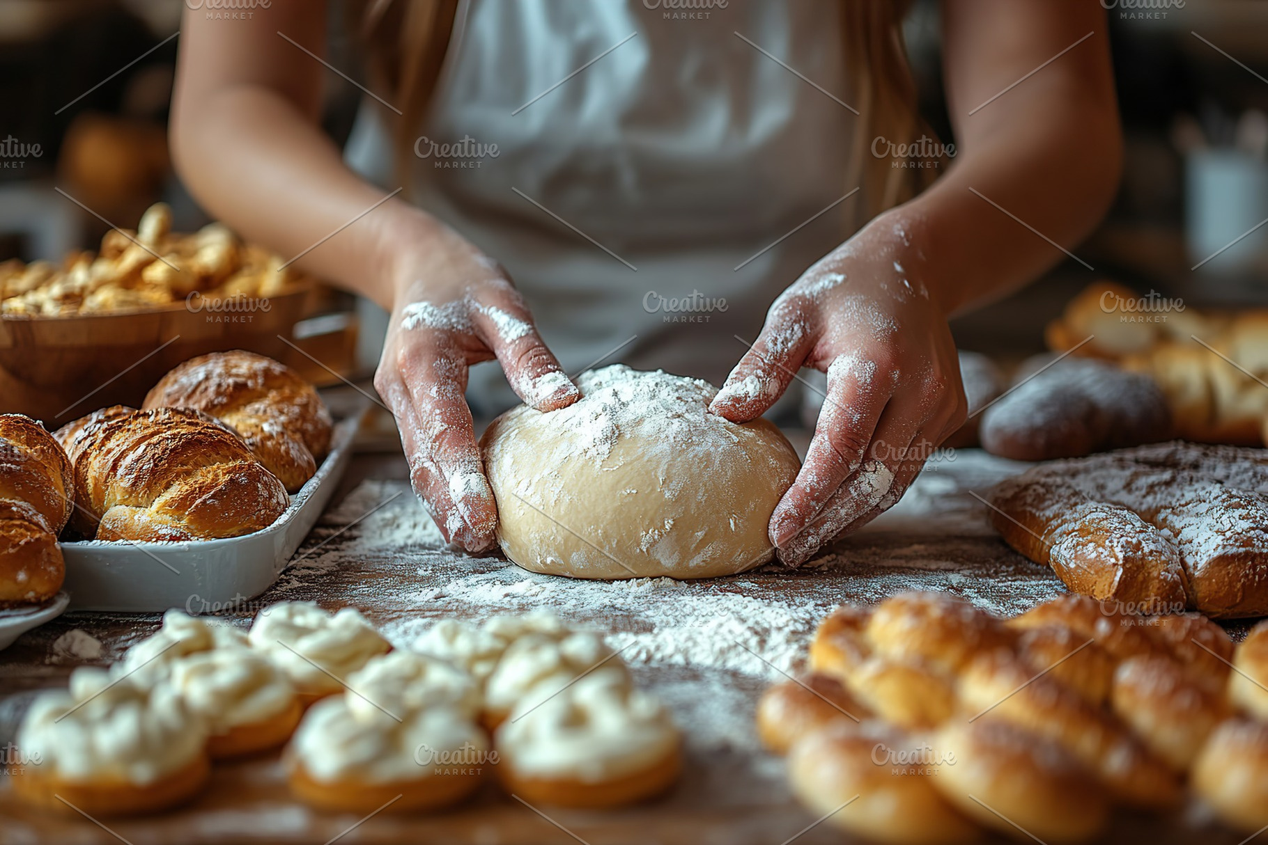 Baker expertly kneads dough while surrounded by fresh pastries in a cozy kitche, a Food & Drink Photo by AlyaAnd