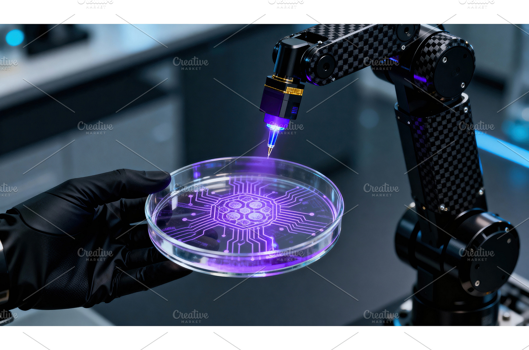 Robotic arm holding petri dish with, a Technology Photo by tilialucida