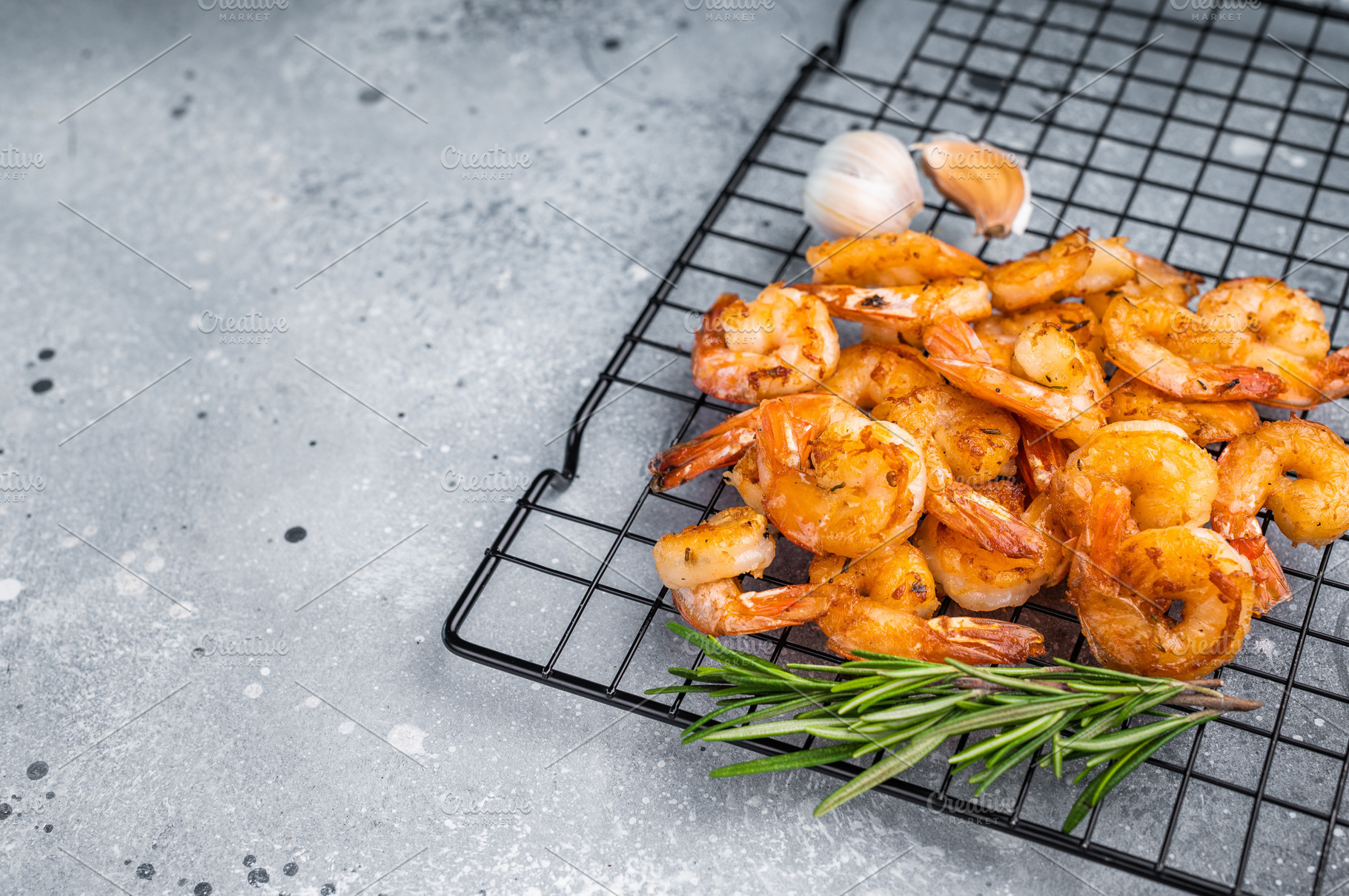 lavorful grilled prawns shrimps sizzling on the grill, inviting, a Food & Drink Photo by composter-box@mail.ru