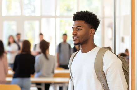 Young african american man entering classroom with students in b, a Photo by Dvoevnore photos