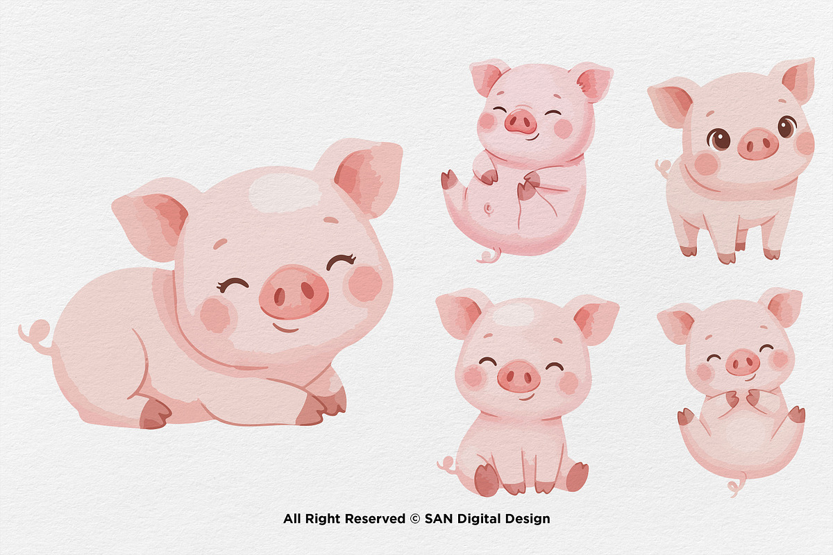 15 Bundle Watercolor Cute Pig Pink, an Animal Illustration by Morspective (Photo 7 of 8)