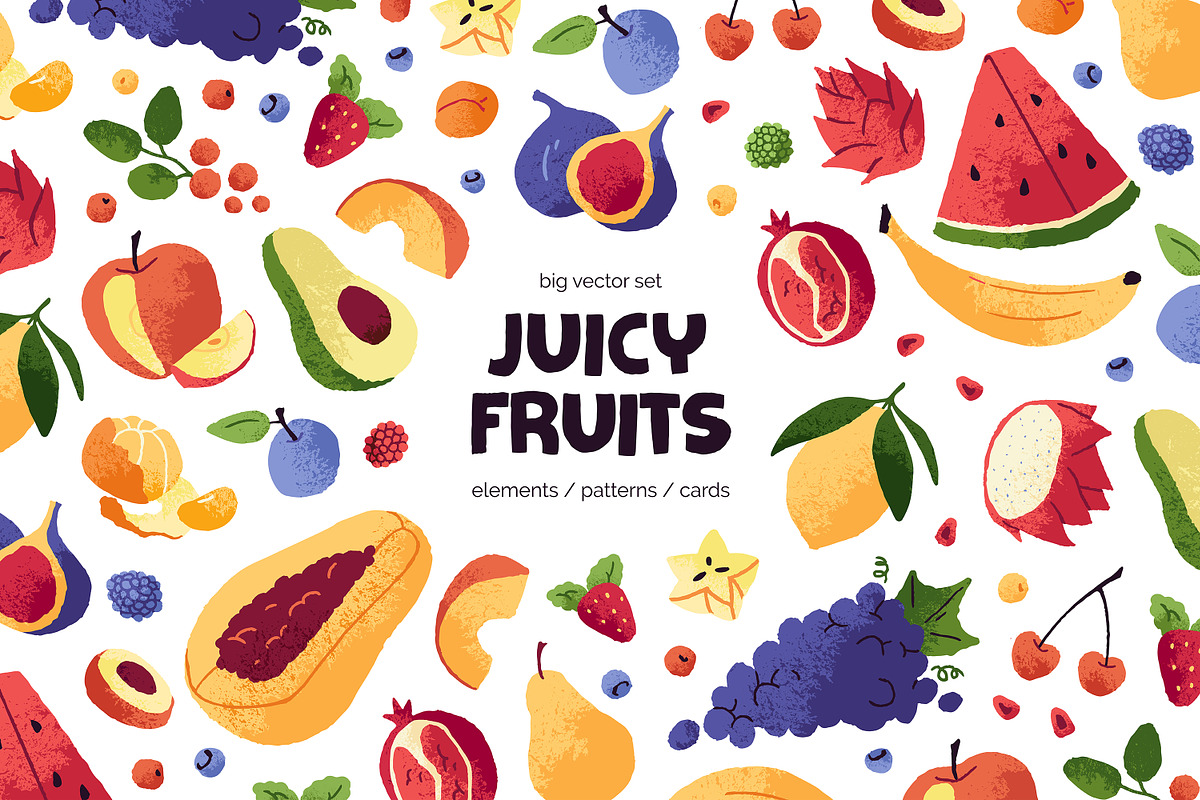 Fruits, berries set, patterns, cards, a Food Illustration by PaperTrident (Photo 1 of 13)