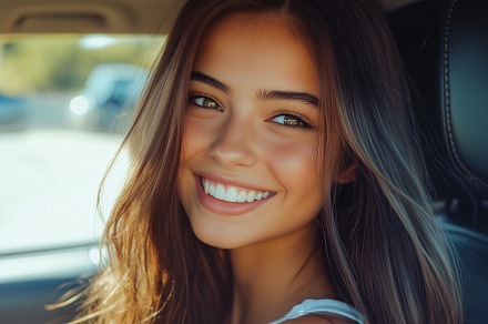 A young woman with long, flowing hair smiles brightly while sitting in a car. T, a Person Photo by Textures & Backgrounds