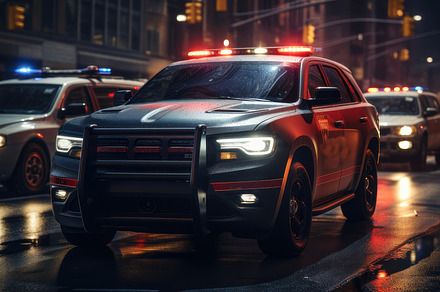 American Police Vehicles on Rainy City Street at Night, Emergency Response Scen, a Photo by AS photostudio
