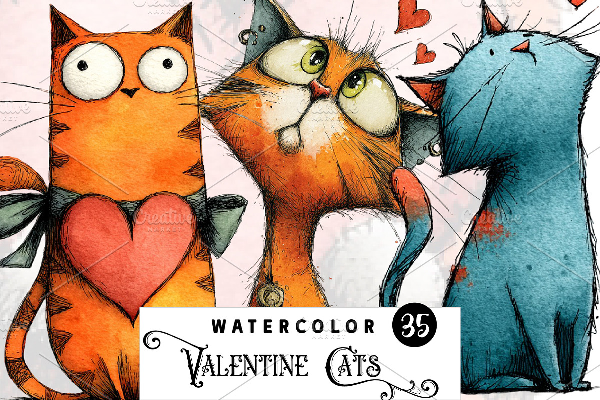 Quirky Valentine Cats Clipart, an Illustration by Watercolor design (Photo 1 of 9)