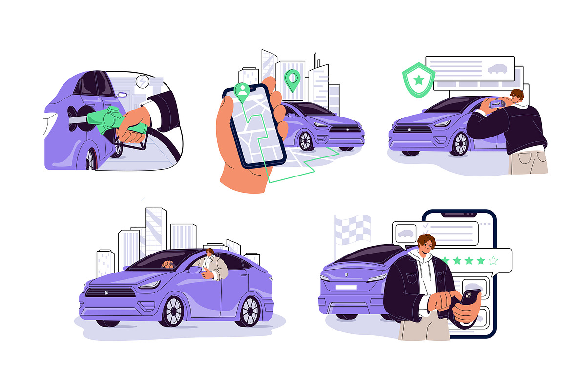 Car rent, carsharing concept set, a Transportation Illustration by PaperTrident (Photo 1 of 11)