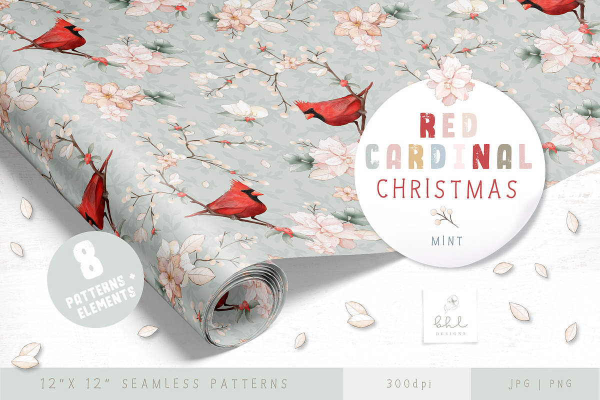 Red Cardinal Christmas - Mint, a Pattern Graphic by bhldesigns (Photo 1 of 16)