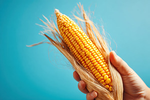 Hand holding fresh corn ear on blue background, a Food & Drink Photo by AlyaAnd