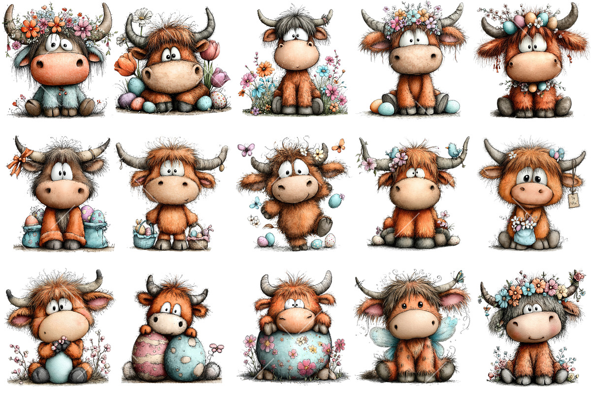 Whimsical Easter Highland Cow Clipar, an Illustration by OK Design (Photo 3 of 6)