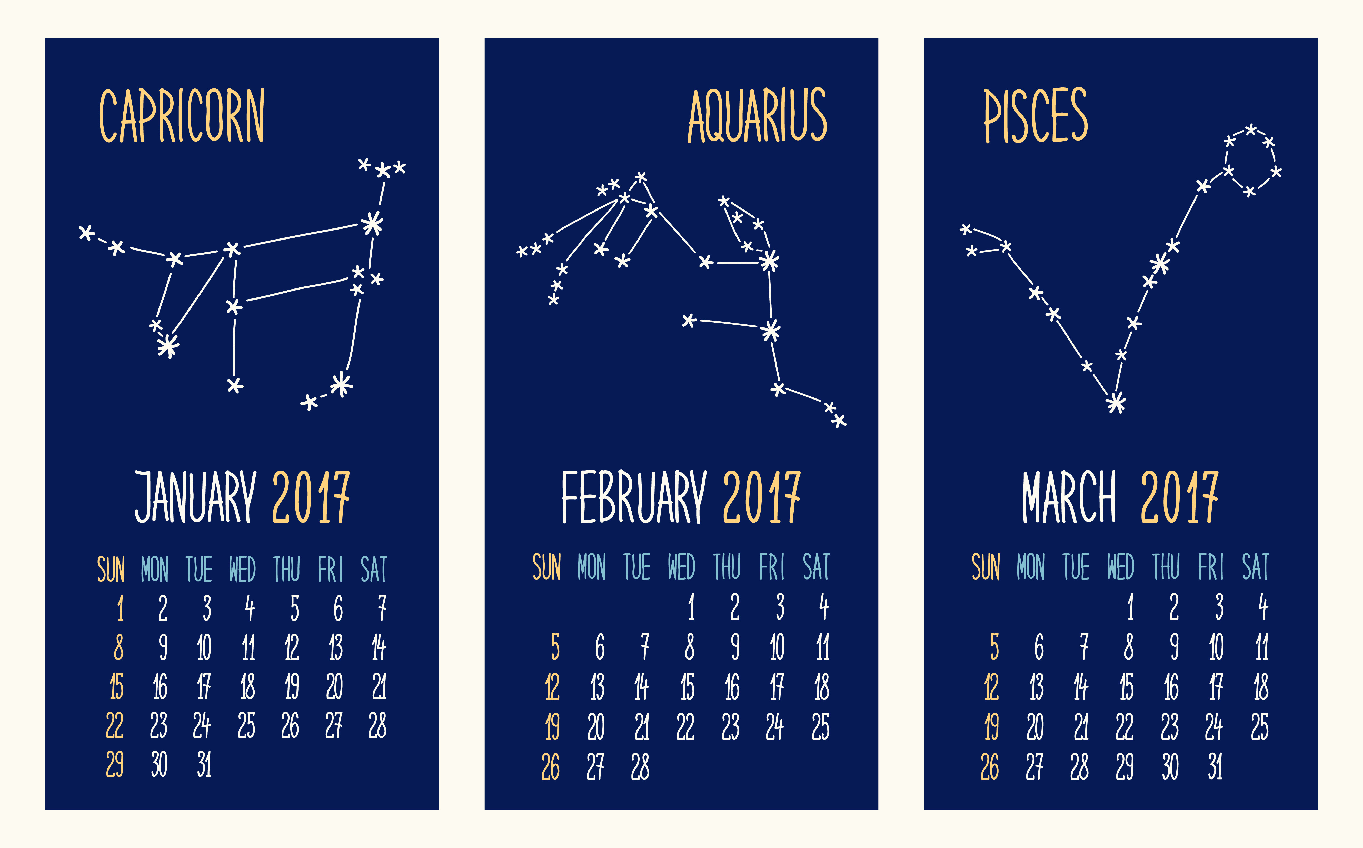 Hand drawn constellations calendar Education Illustrations Creative