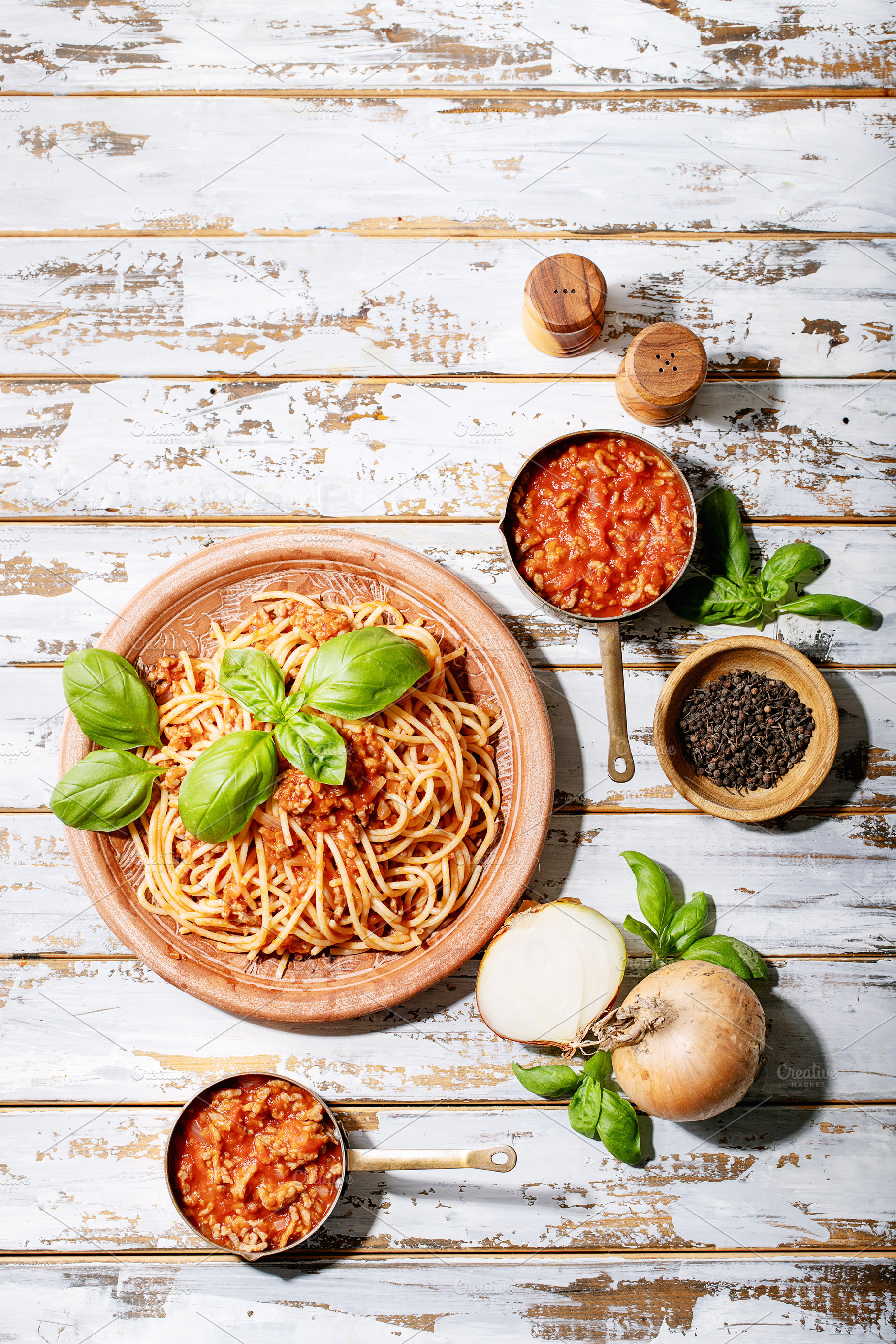 Cooked spaghetti bolognese containing above, appetizing, and basil, a Food & Drink Photo by RomanDebree