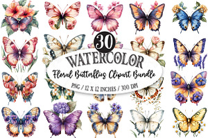 Watercolor Floral Butterflies Clipar, an Illustration by Designking