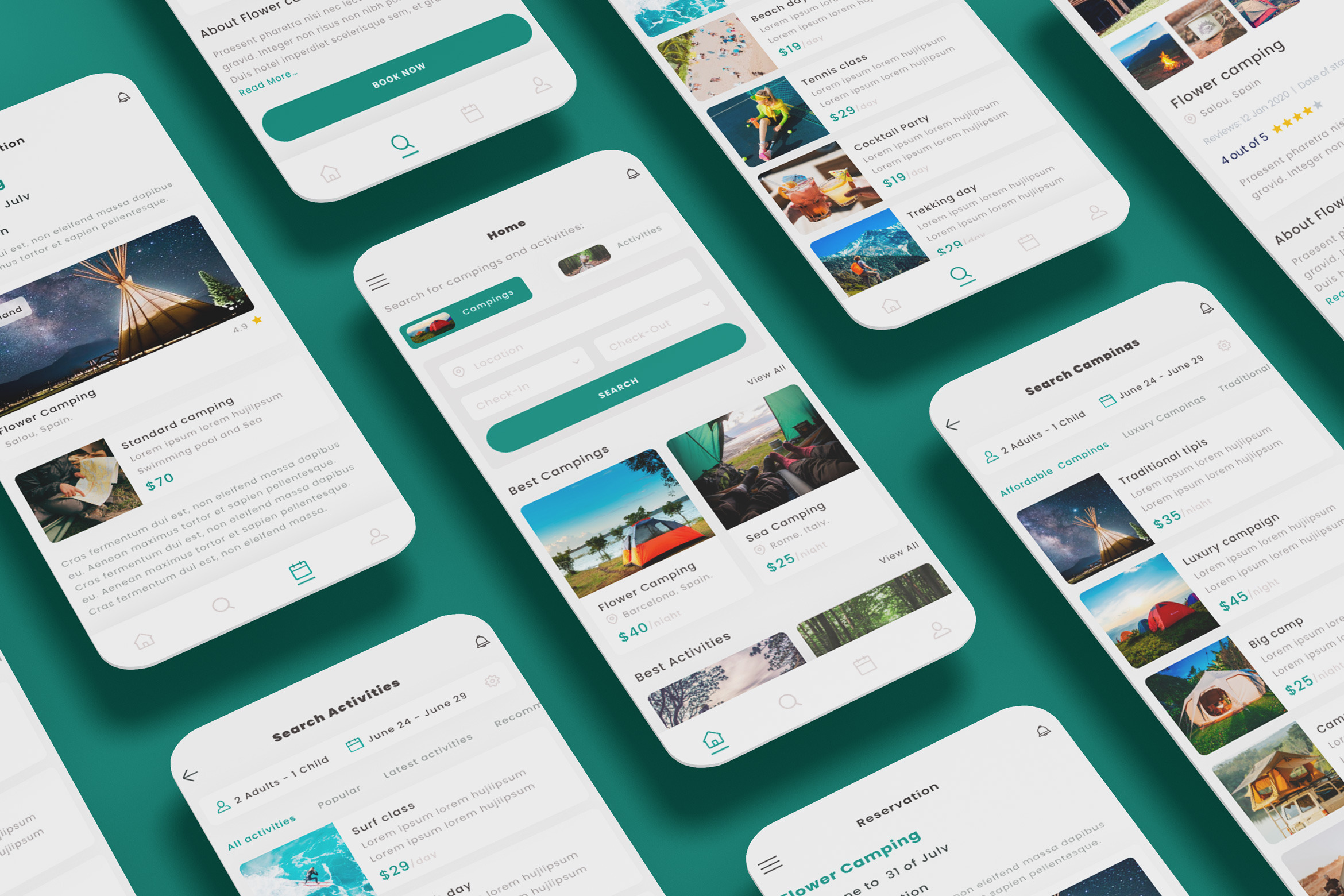Book Camping & activities App UI Kit, an App Template by nagaredesignstudio